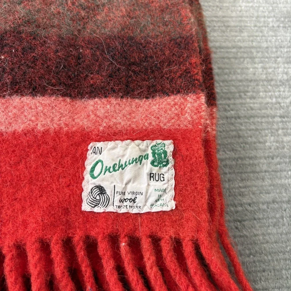 VTG Onehunga Woolen Mills Mohair Plaid Travel Rug Red Plaid Fringe New Zealand